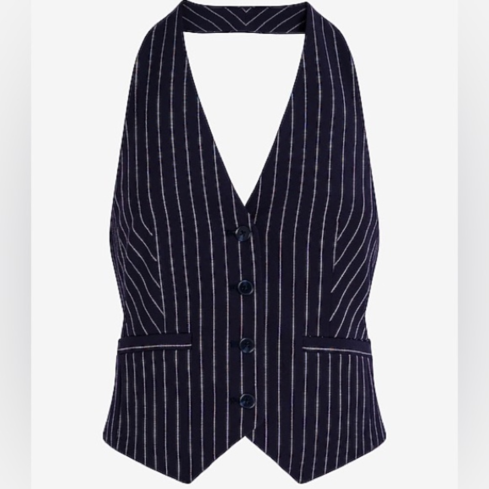 Express Pinstripe Halter Vest Sleeveless Button Front Navy Blue White Size L